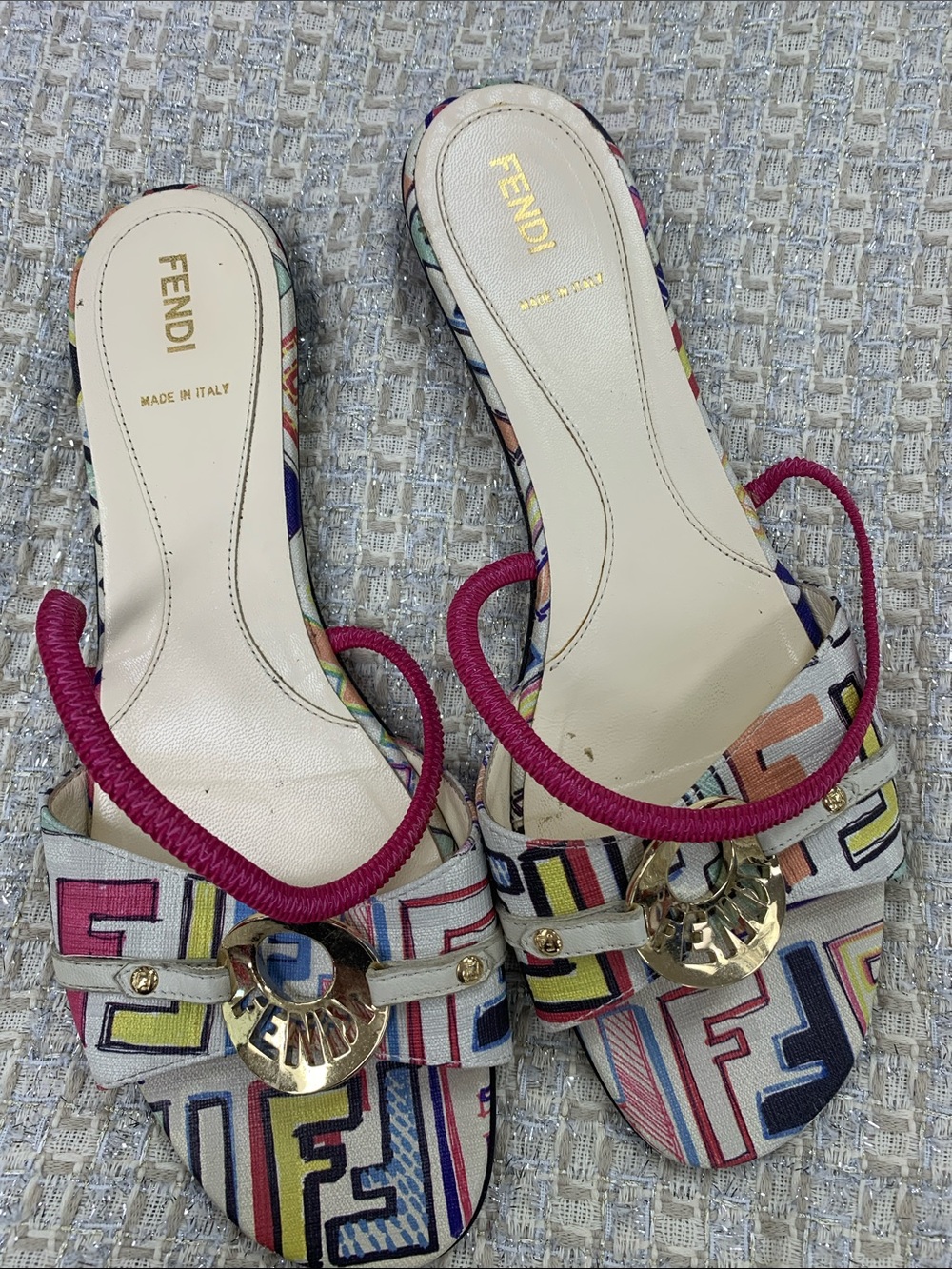 Fendi Multicolor Logo Slide Mules with Pink Rope Strap - Picture 1 of 9